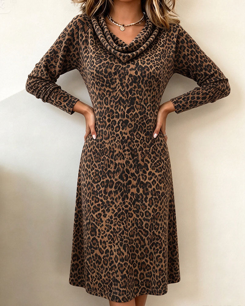 Robe Col Mock Décontracté Léopard Manches Longues