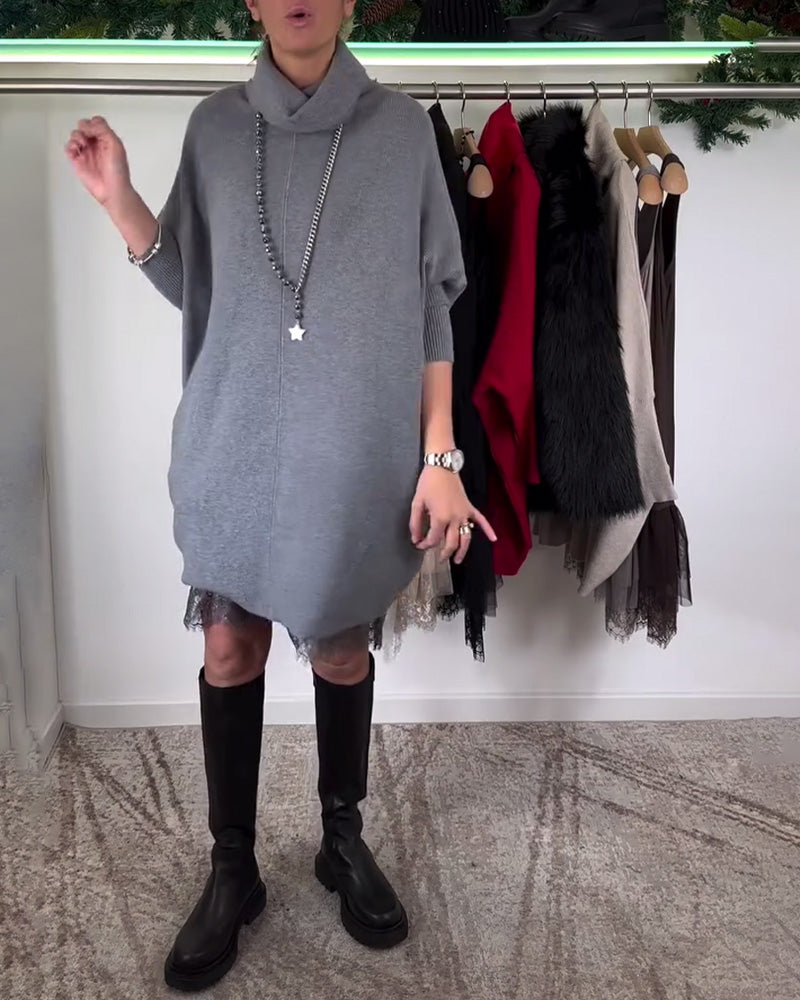 Robe Costume en Dentelle Maille avec Bretelles Col Haut Manches Chauve-Souris