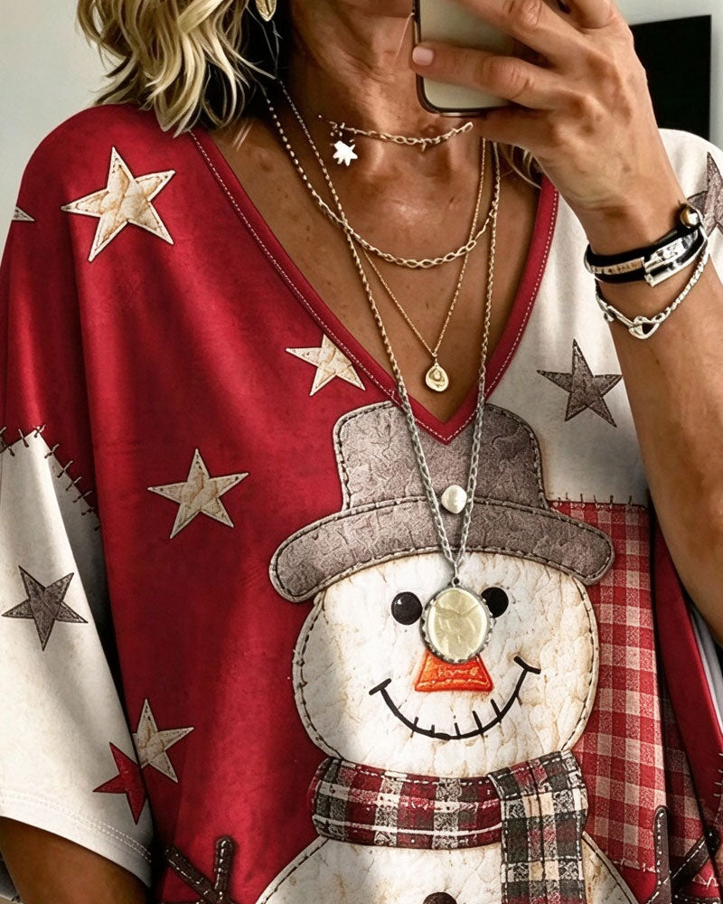 T-Shirt Noël Bonhomme De Neige Imprimé Col En V Demi-Manche