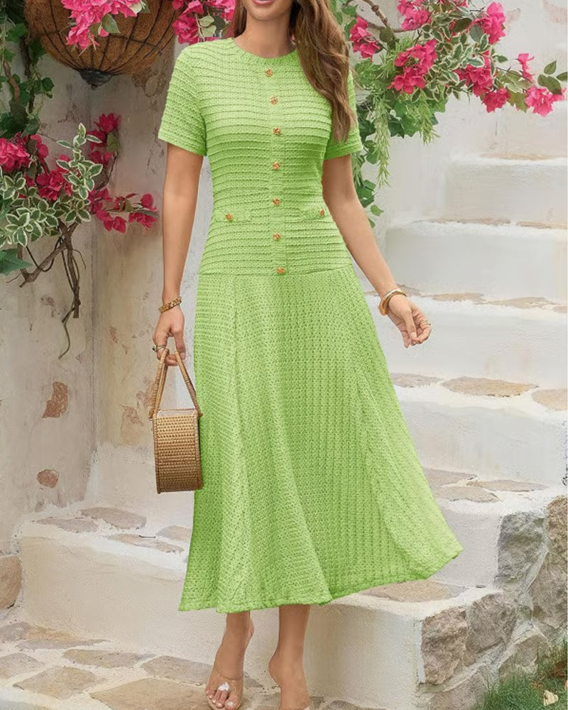 Robe Col Rond Ajustée Bouton Patchwork