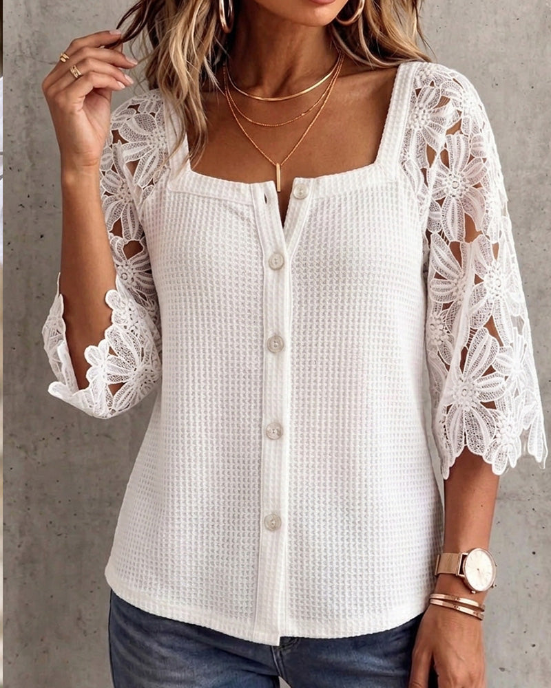 Blouse Dentelle Panneau Jersey Gaufré Bouton-Davant