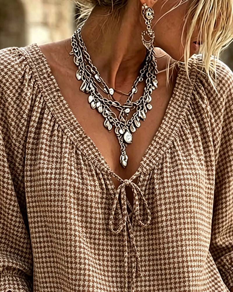 Blouse Col En V Manches Ballon Attacher Pied-De-Poule