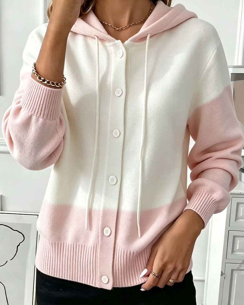 Cardigan Bloc De Couleur Capuche Boutonnage Simple Tricoté