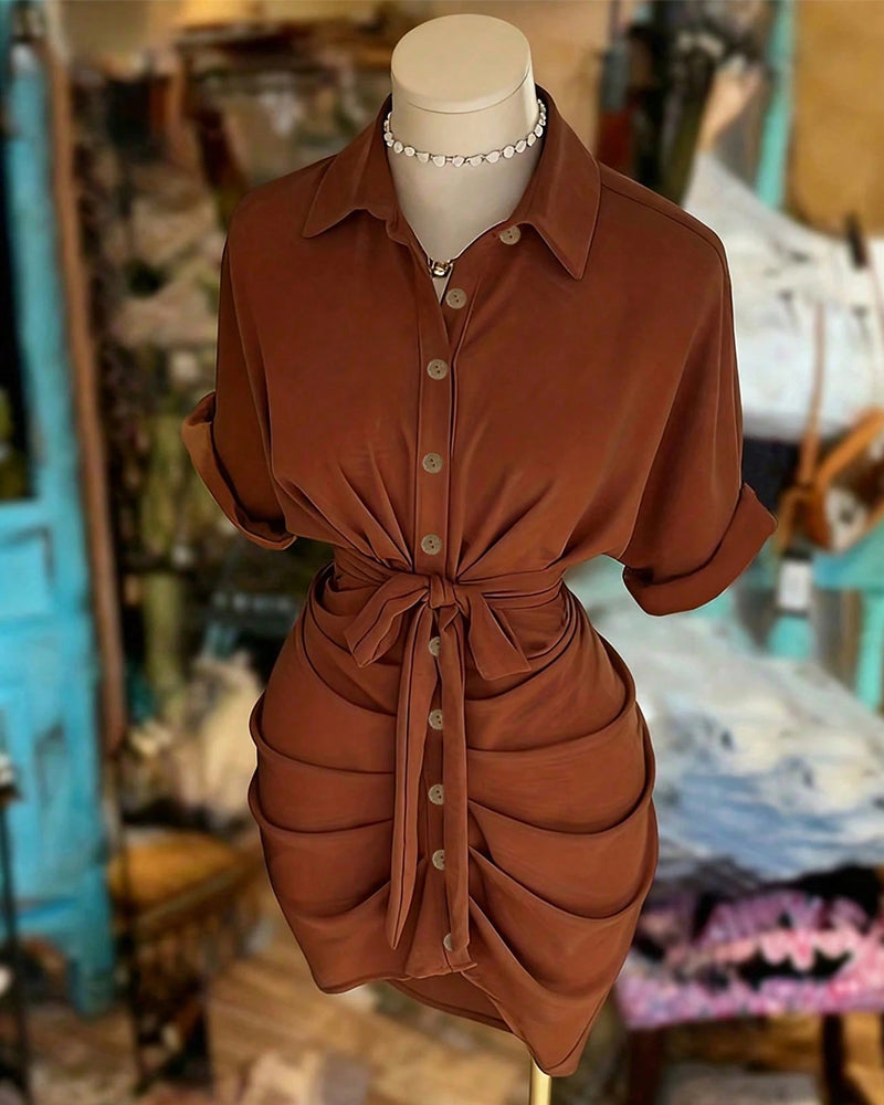 Robe Attacher Bouton Plissé Col Chemise