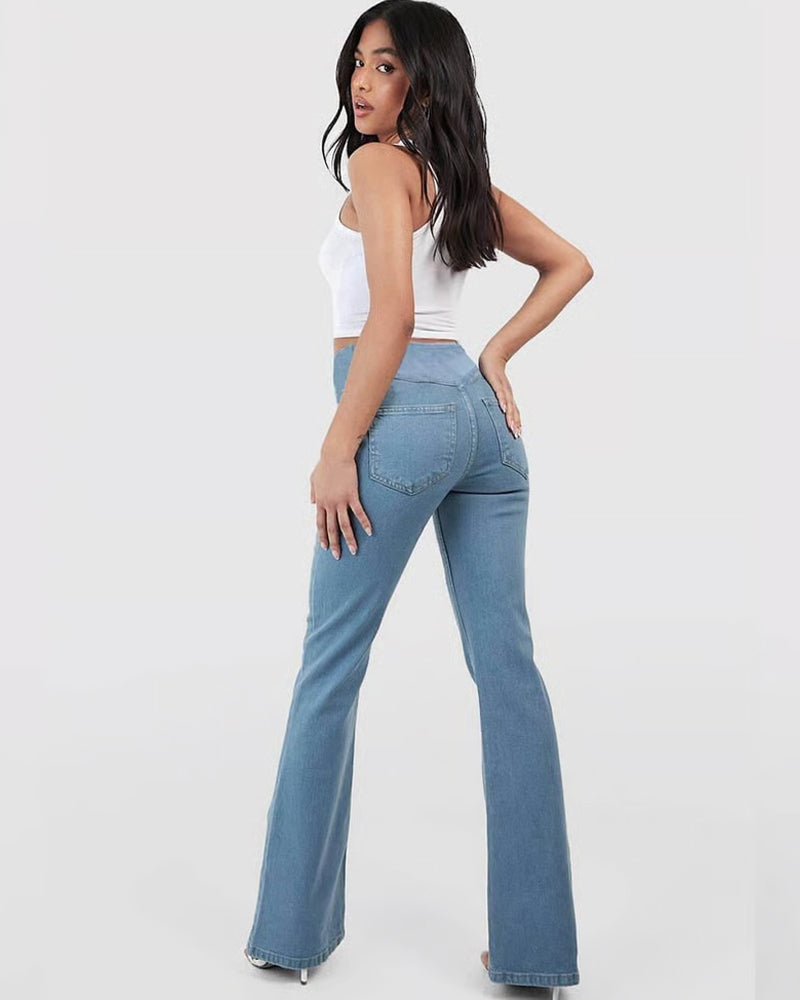 Pantalon Haute Élasticité Mode Poche Évasé