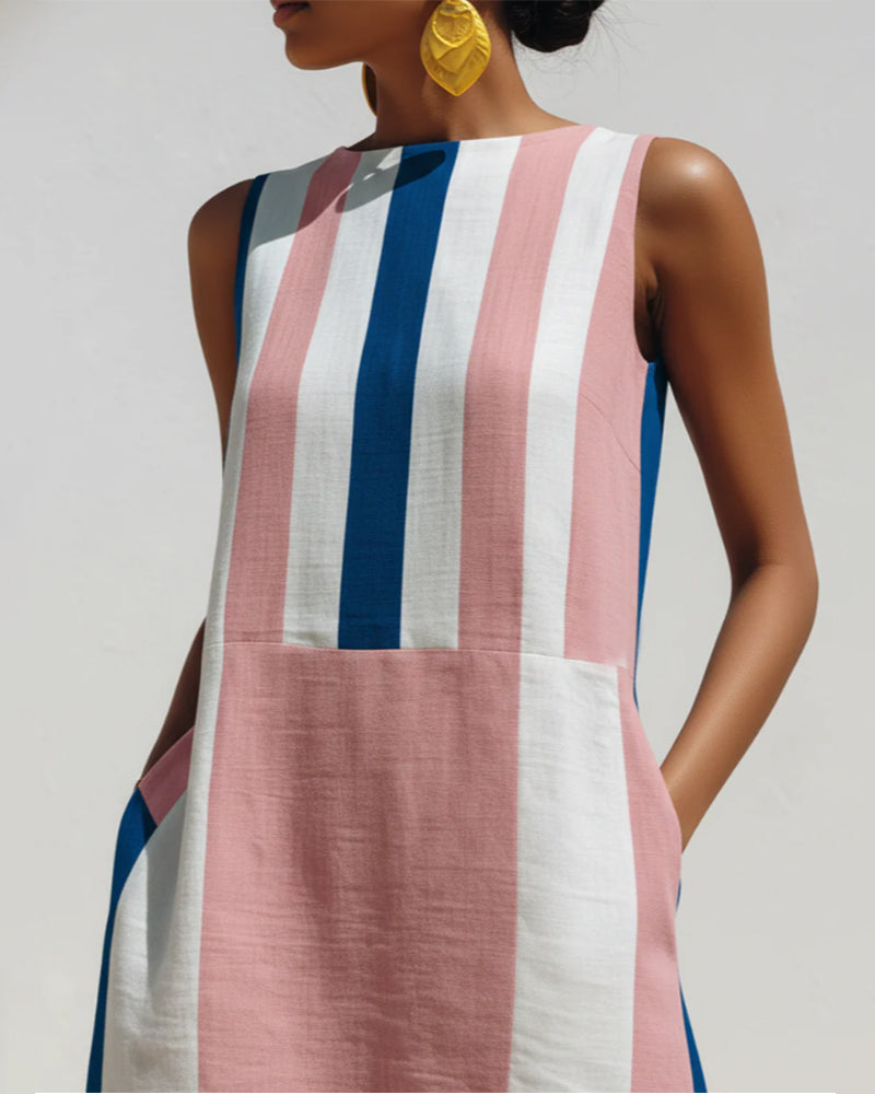 Robe Col Rond Bloc Couleur Rayure Verticale Sans Manches