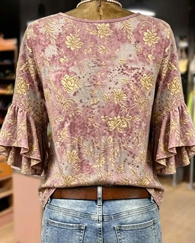 Blouse Imprimé Rétro Ample Volantée