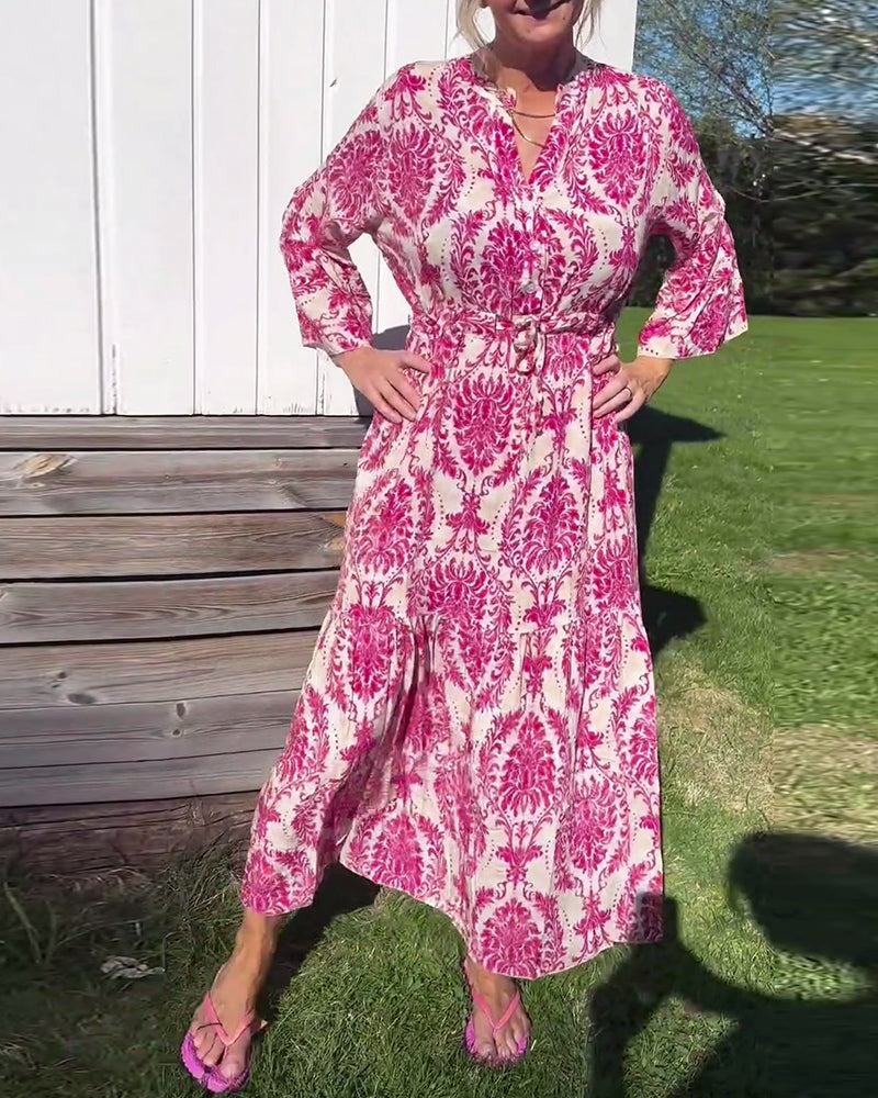 Robe imprimée à cordon de serrage et manches cloche