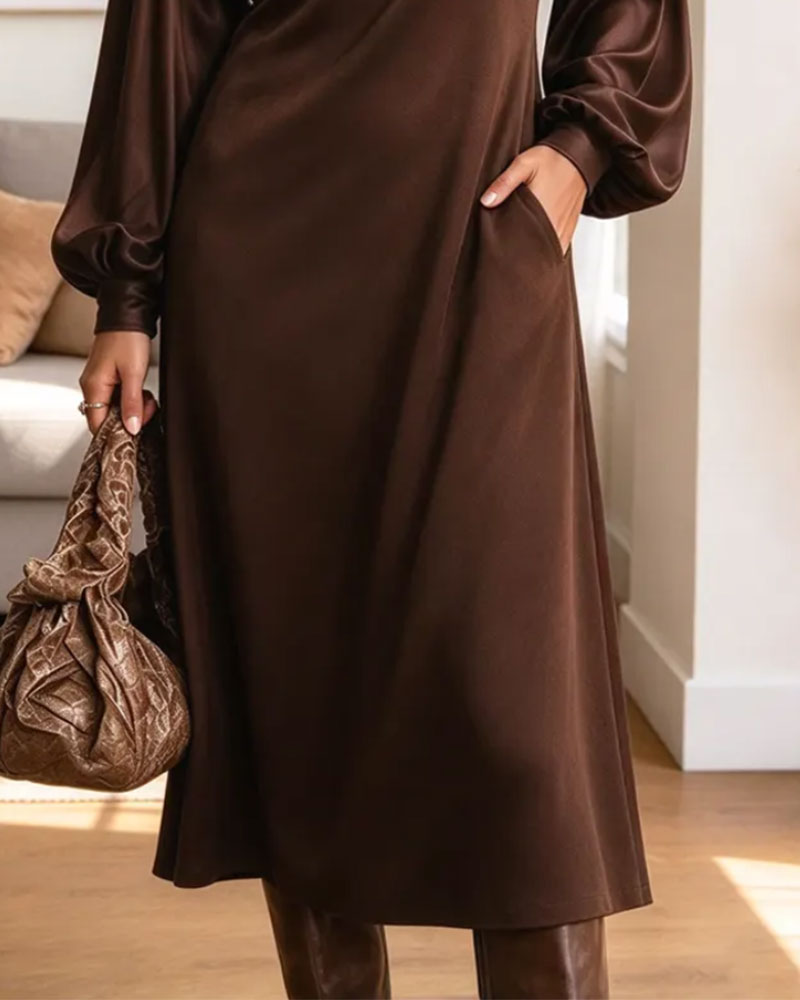 Robe Col Rond Plissé Manche Bouffante Poche