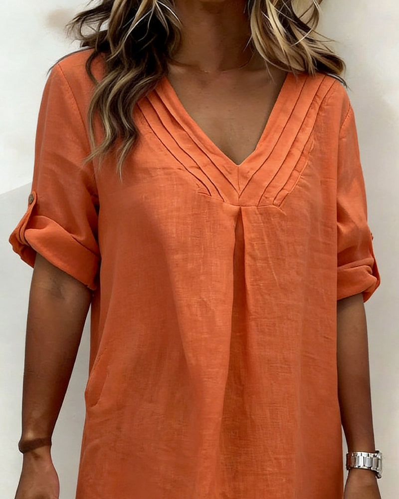 Robe 100% Coton Col V Plissée