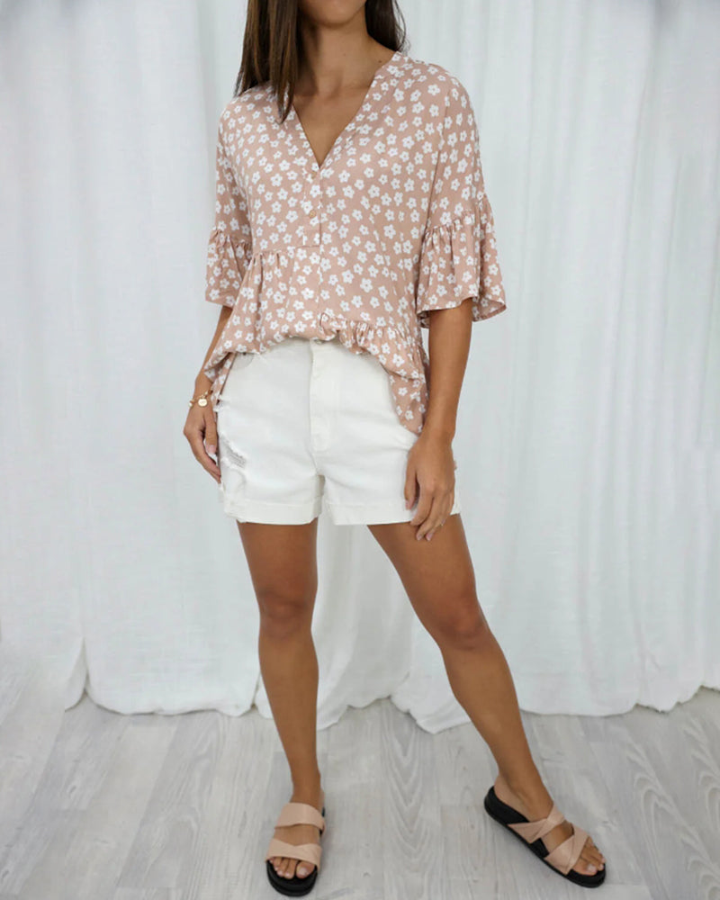 Blouse fleurie col V manches cloche