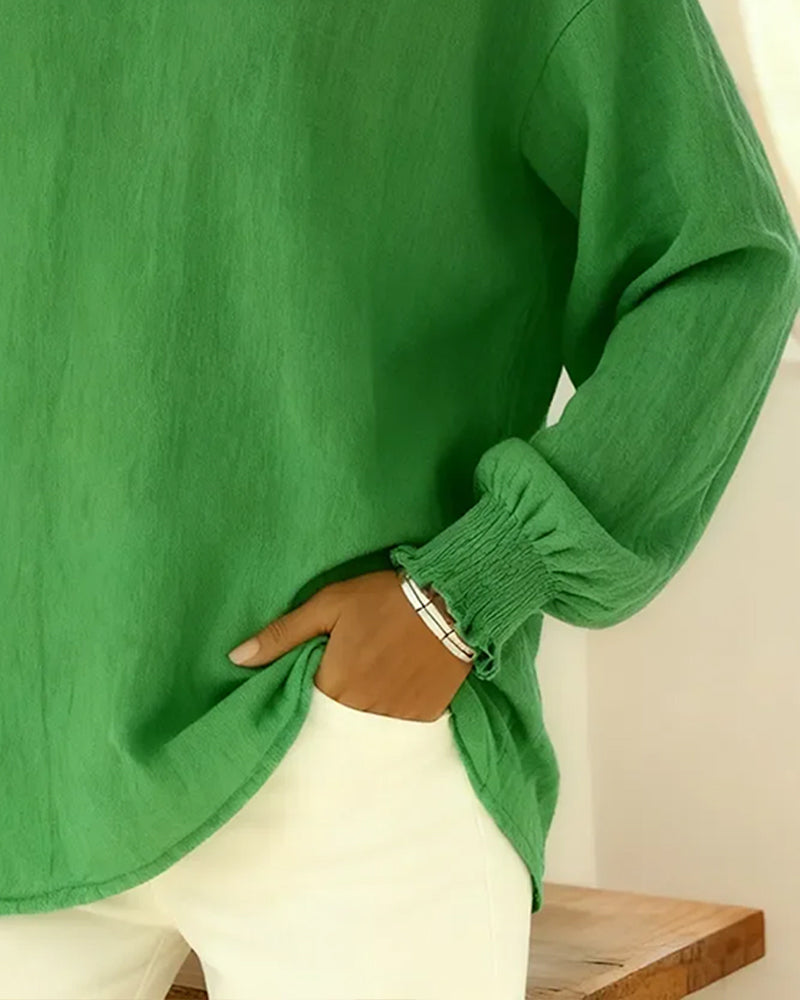 Blouse Coton Manche Lanterne Col Uni