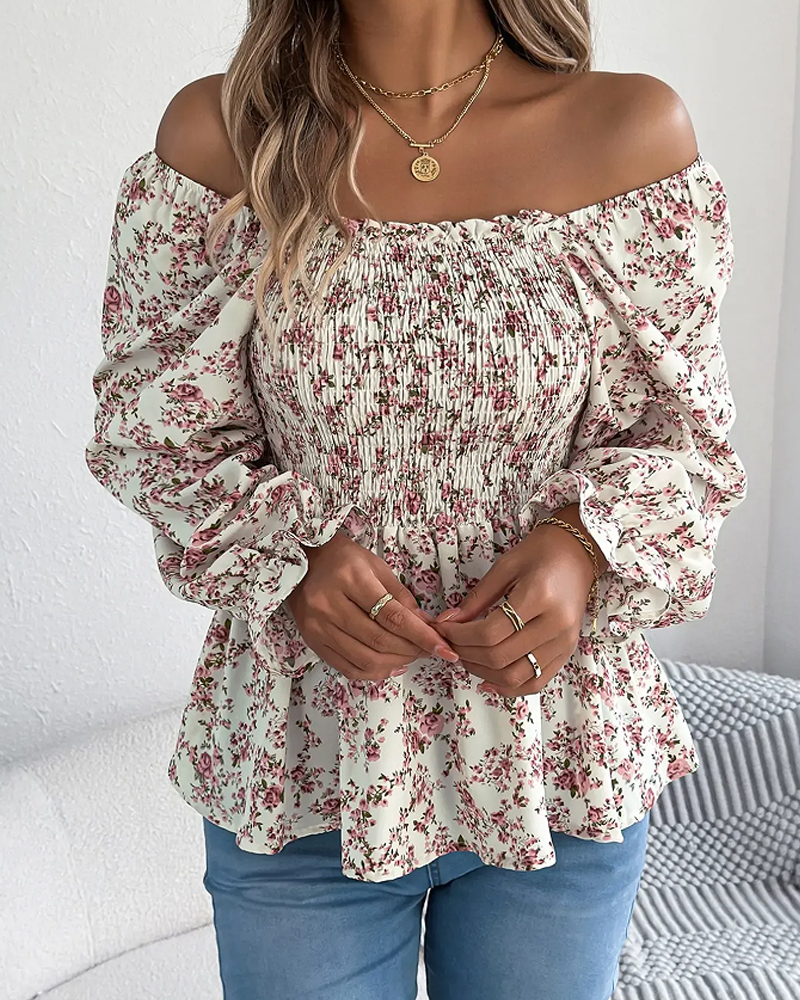 Blouse Col Carré Froncée Fleurie Volant