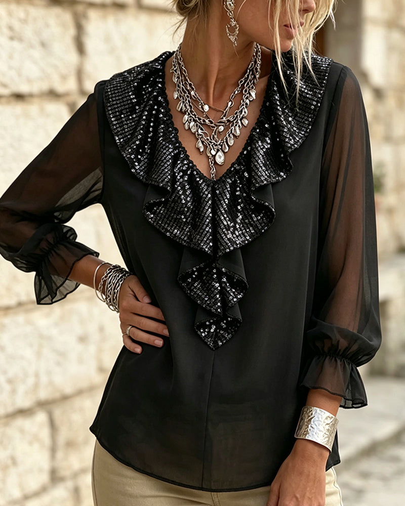 Blouse Élégante Col En V Dentelle Garniture Sheer