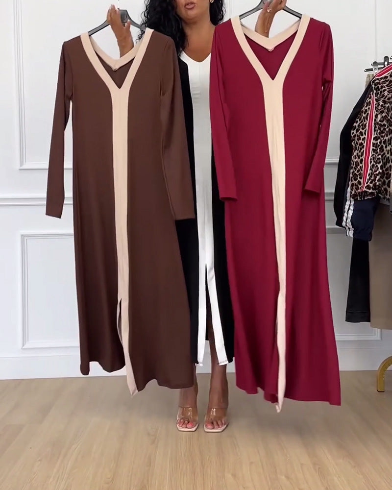 Robe élégante fendue à col en V de couleur contrastée