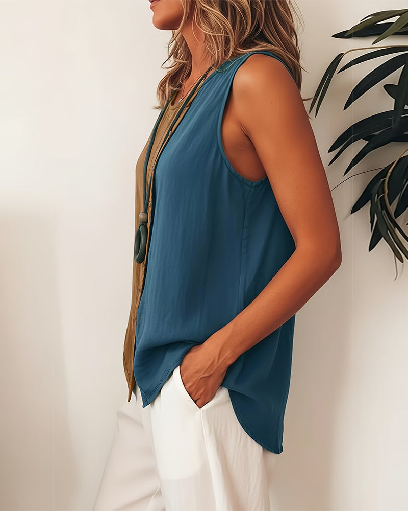 Débardeur Bloc De Couleur Sans Manches Lin