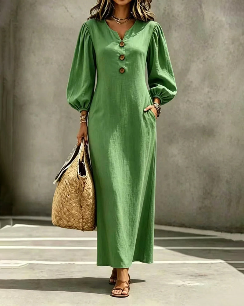 Robe Petit Col En V Bouton Manches Ballon Poche