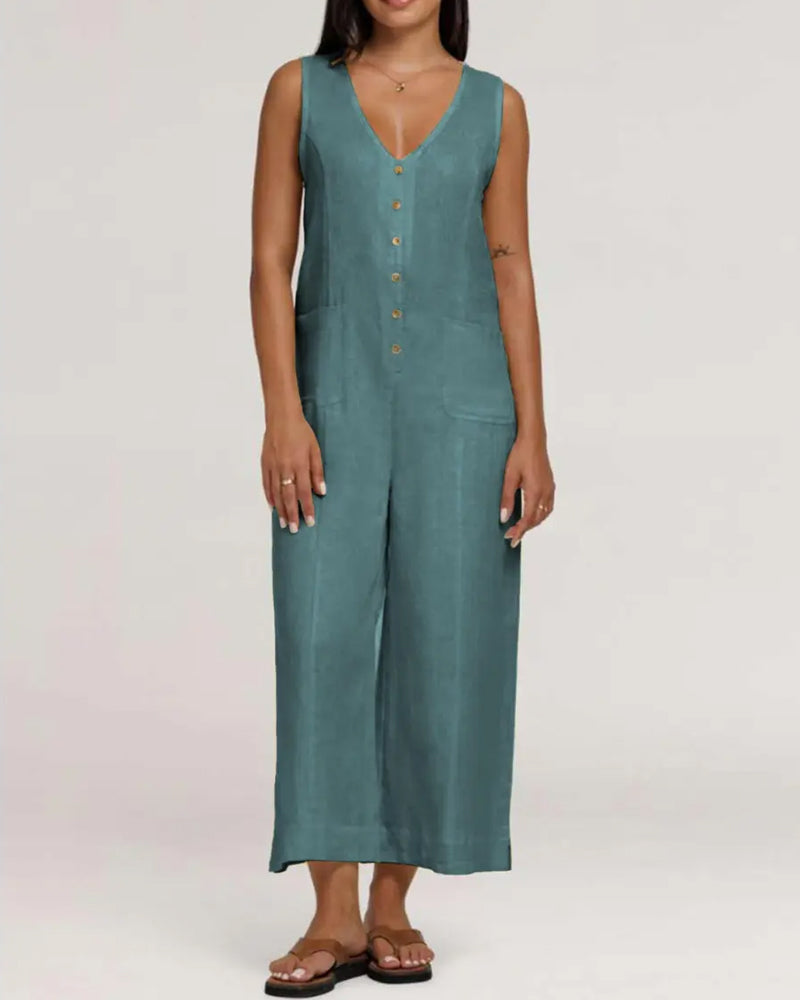 Combinaison Col En V Simple Boutonnage Sans Manches