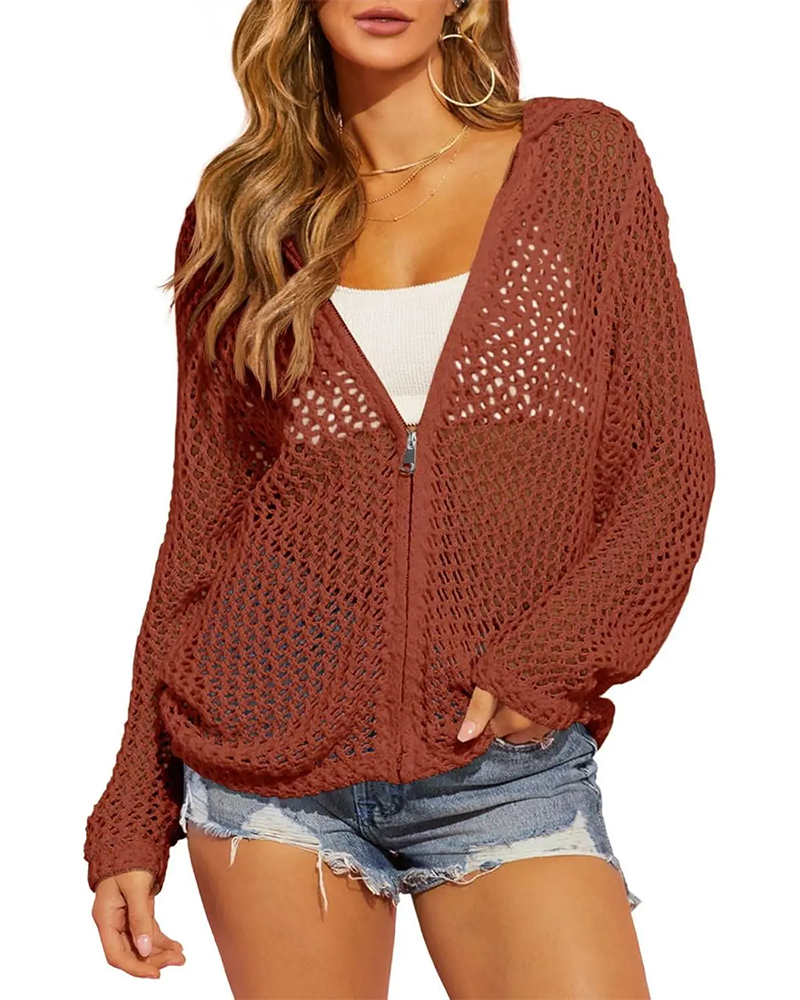 Manteau Fermeture Éclair Creux Mesh Manches Longues