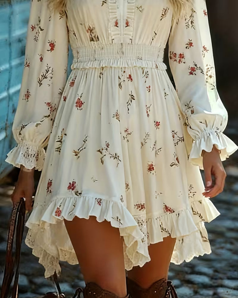 Robe Élégante Manches Longues Fleurie