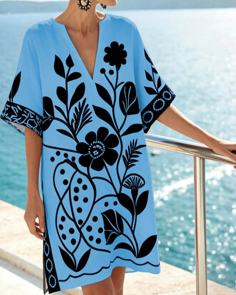 Robe Floral Print V Encolure Fente