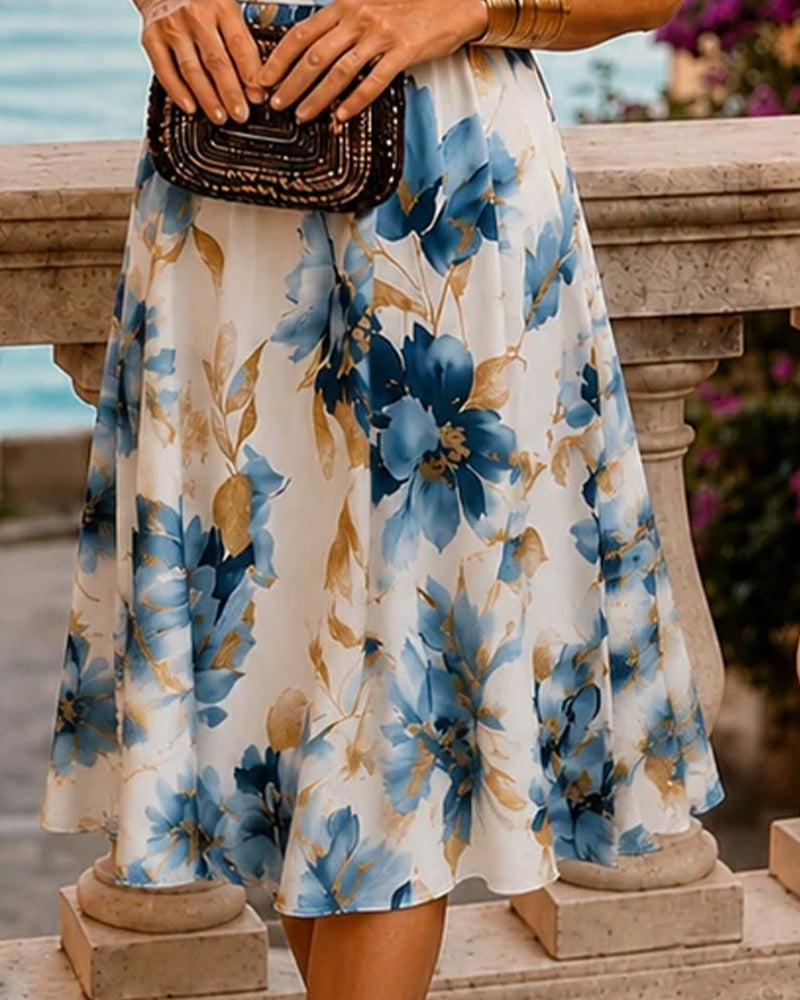 Robe Encre-Lavée Floral Col-V Élégant