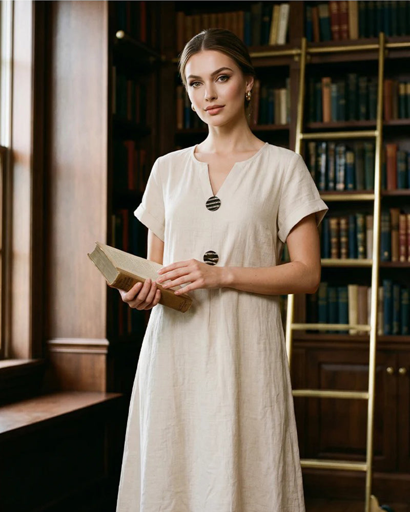 Robe Col V Manches Courtes Boutonnage