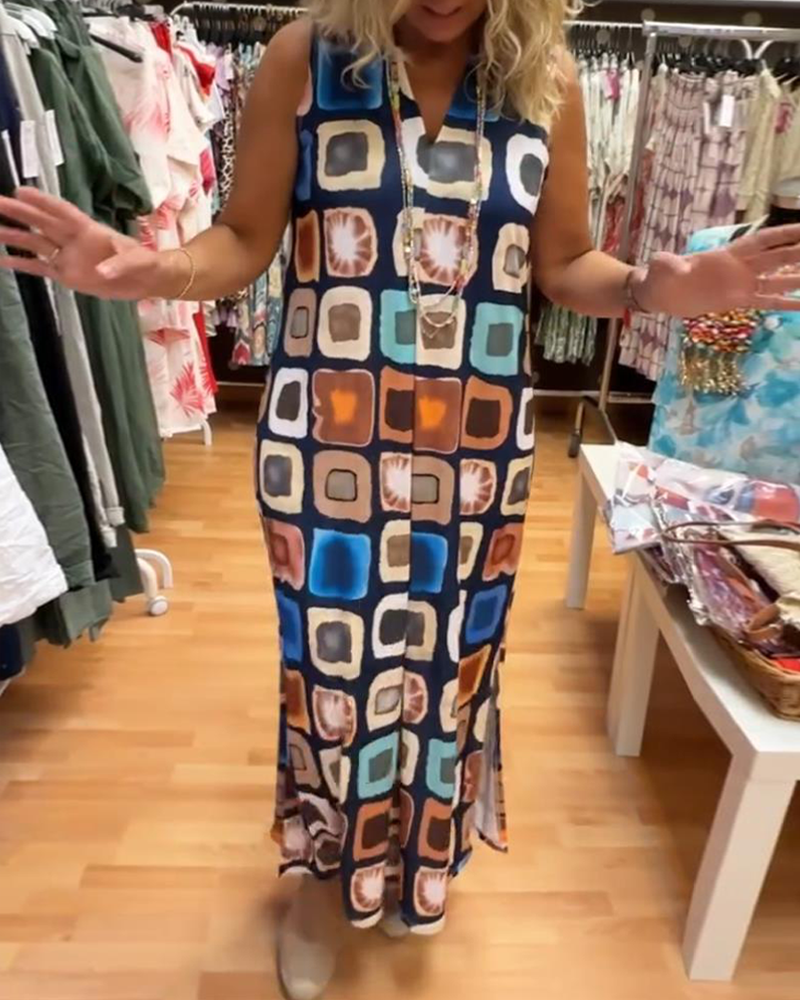 Robe ample imprimée sans manches à col V