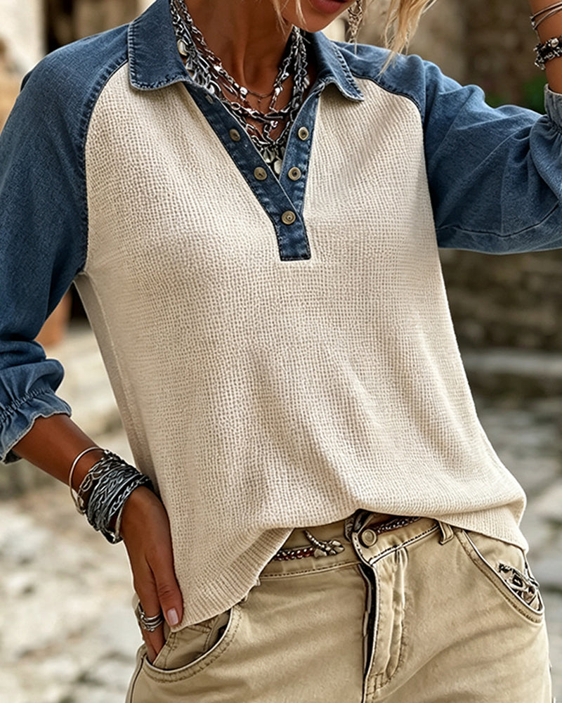 Blouse Col En V Texture Gaufrée Contraste Denim