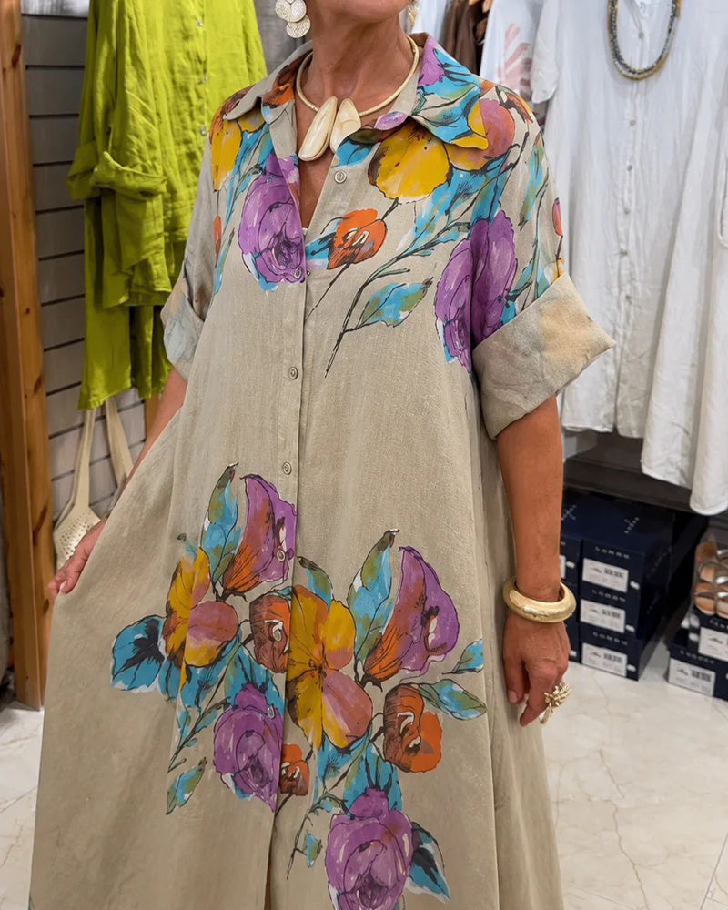 Robe Aquarelle Grande Florale Imprimé Revers Longue