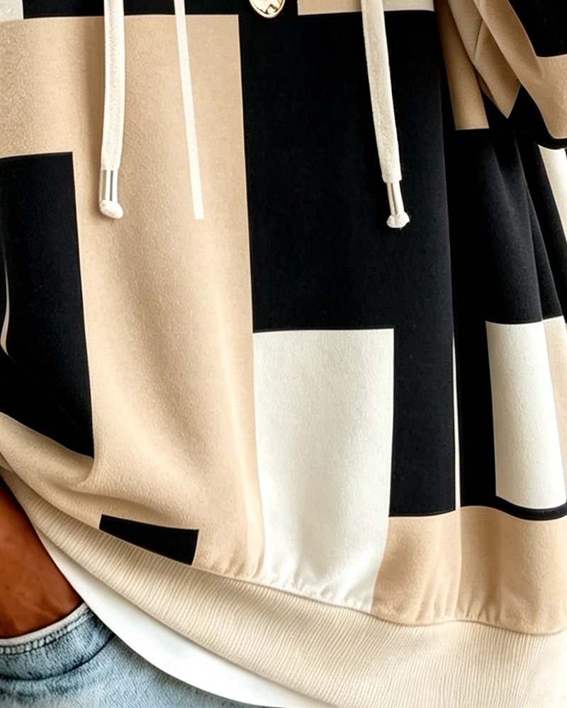 Sweatshirt Imprimé Géométrique Bloc De Couleur Cordon De Serrage