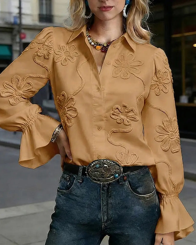 Chemise Fleur Manche Évasée Col Mandarin