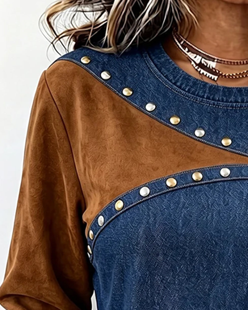 Top Col Rond Denim Spliced Bloc De Couleur
