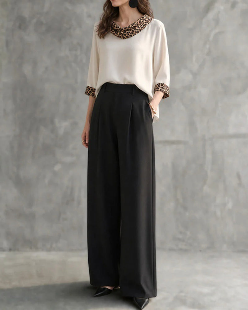 Blouse Léopard Panneau Col Drapé Manche Coude