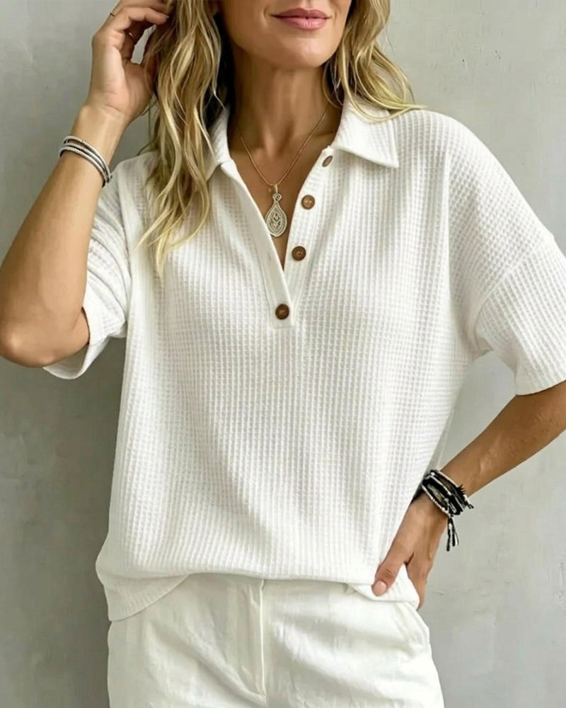 T-Shirt Boutons Devant Col En V Gaufré