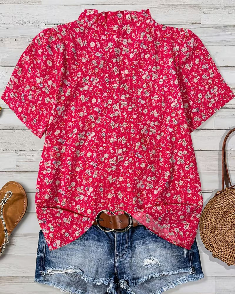 Blouse Col En V Bouton Imprimé Floral