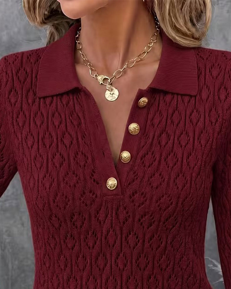Pullover Col Rabattu Bouton Cutout Slim