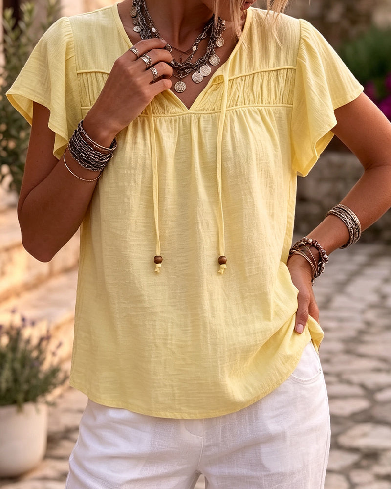 Blouse Col V Unie Décontractée