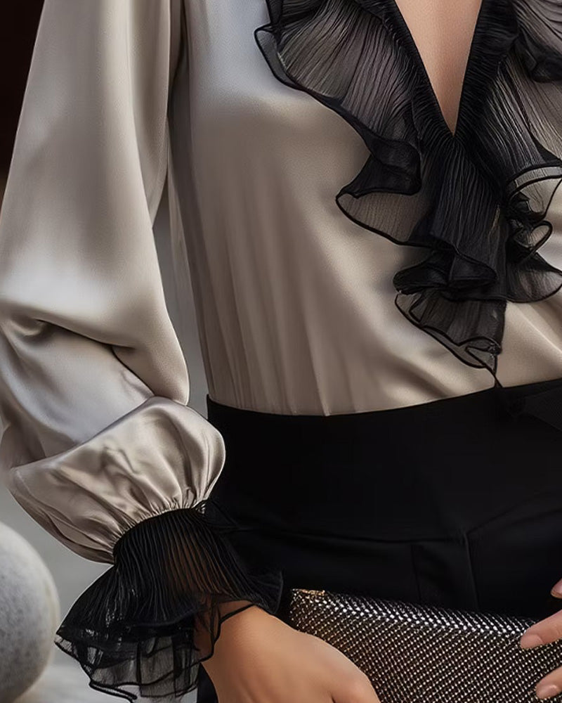Blouse Col V Volant Décontractée
