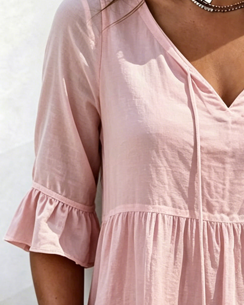 Blouse Attacher Volant Demi-Manches Unie