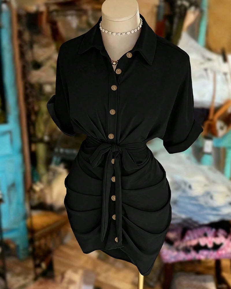 Robe Attacher Bouton Plissé Col Chemise