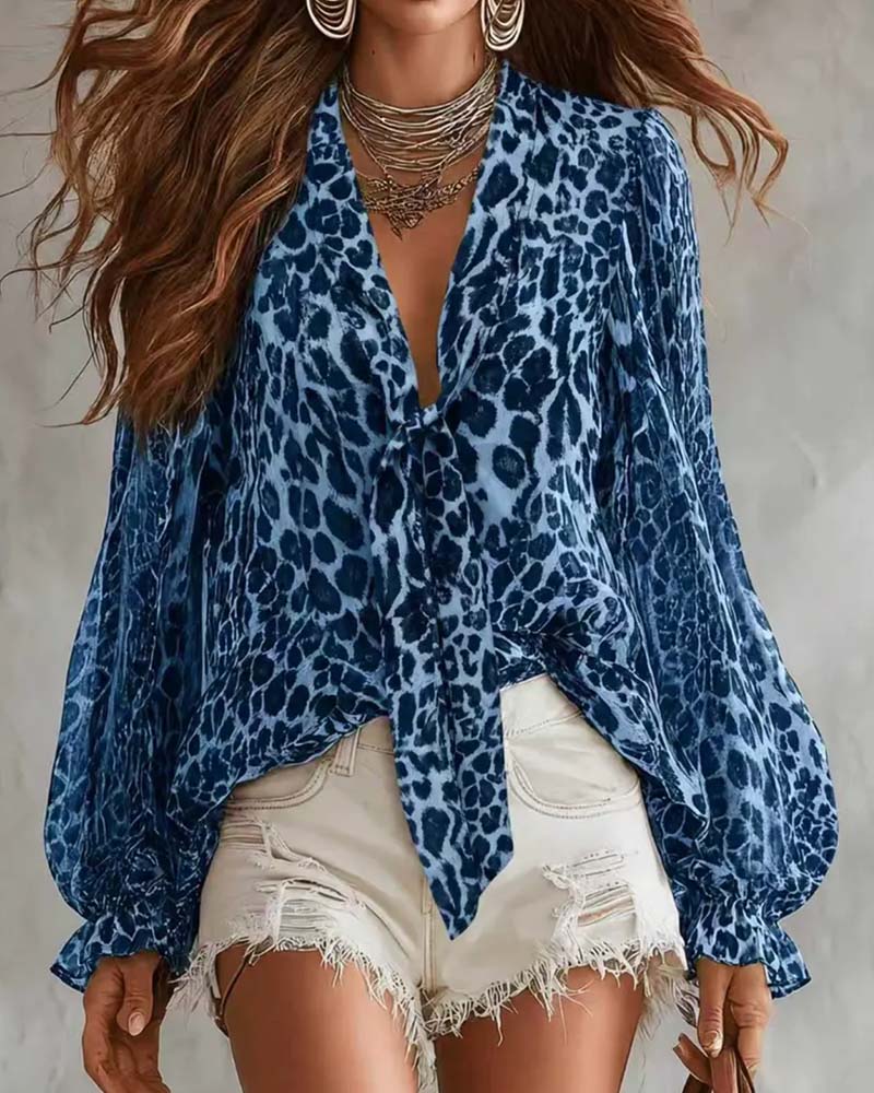 Chemise Col‑v Léopard Transparent Manches‑longues