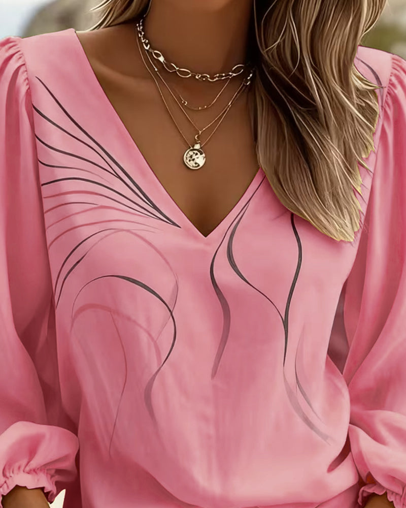 Blouse Col V Ligne Imprimé Manche Bouffante