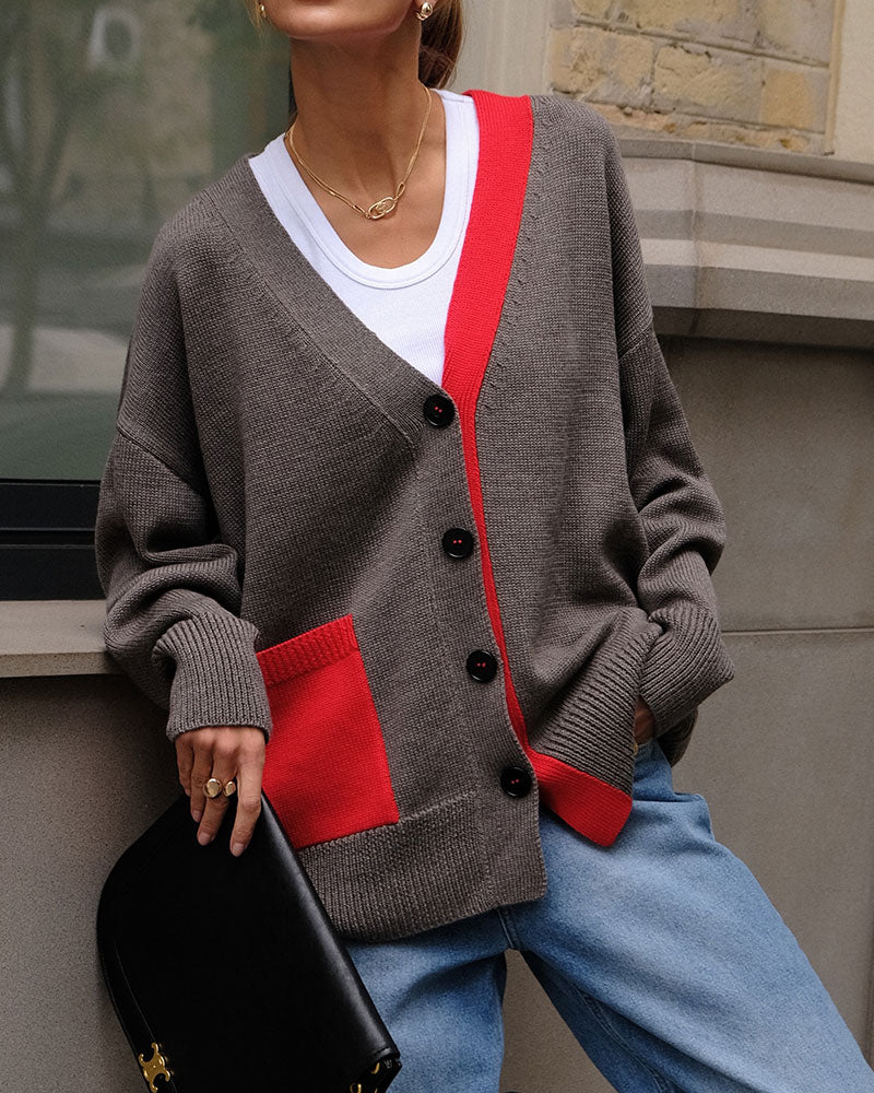 Cardigan Contraste Col V Boutonné