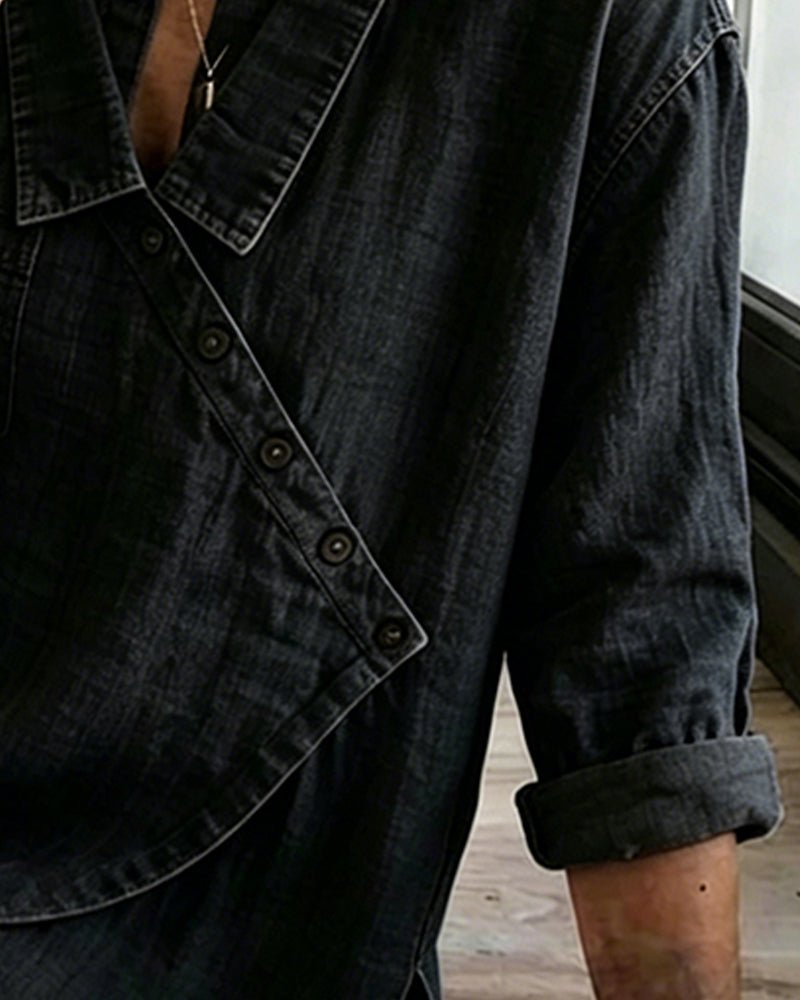 Blouse Unie Bouton Diagonal Col Manches Longues