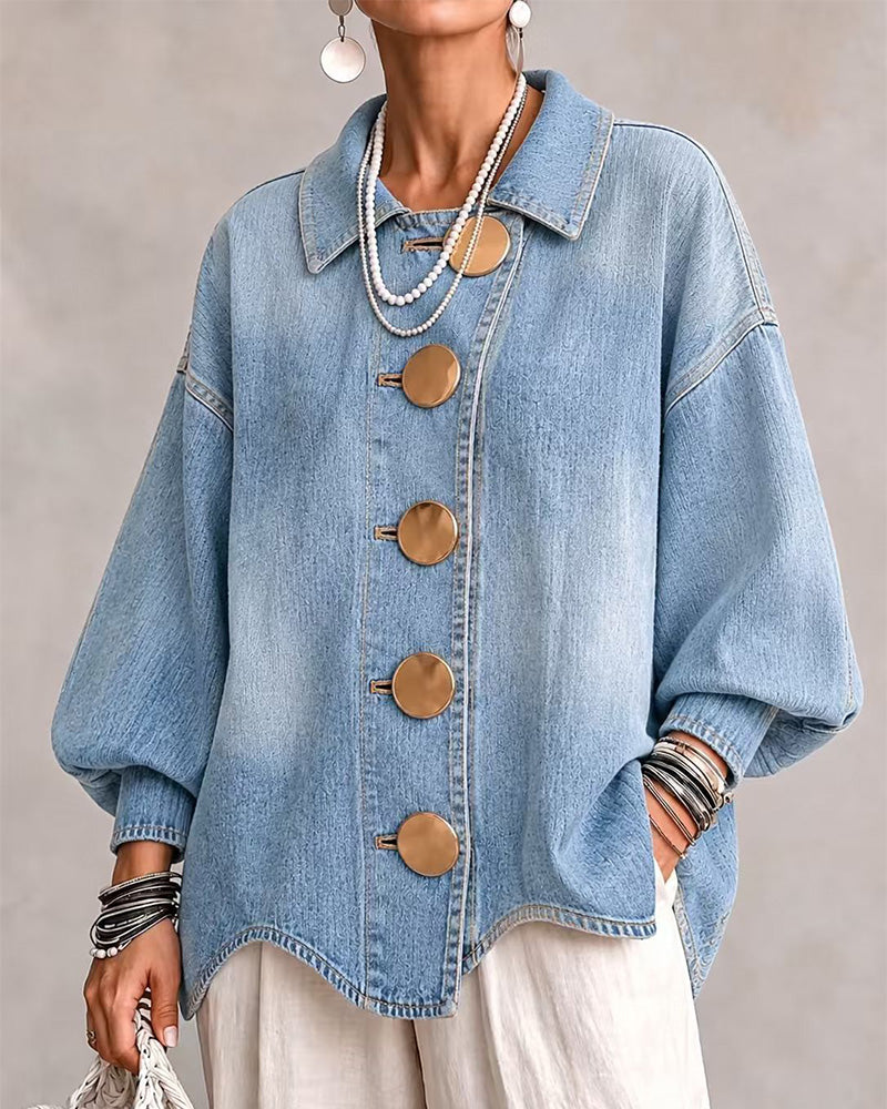 Manteau Grand Bouton Métallique Denim Délavé