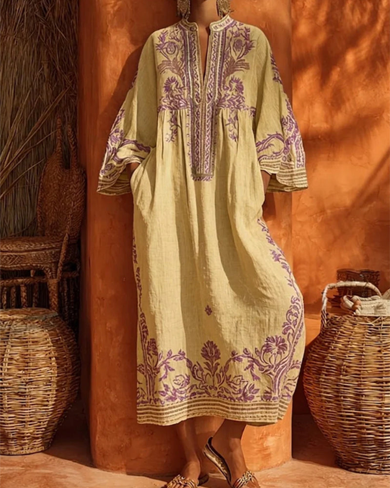 Robe Col En V Imprimé Ethnique Coupe Loose