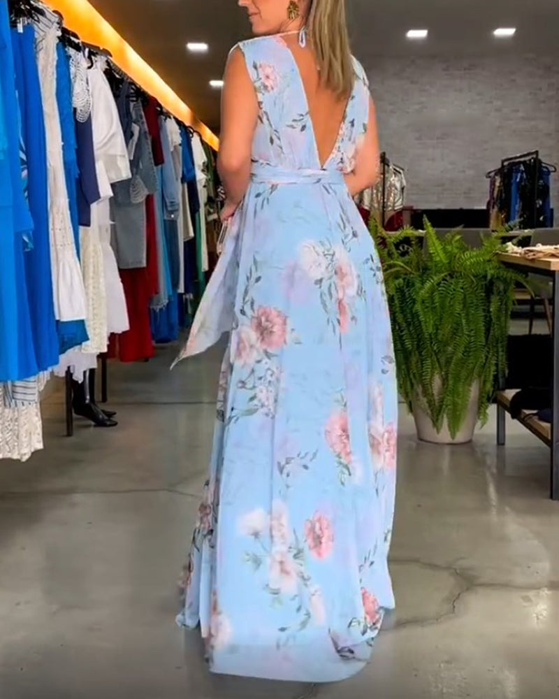 Robe élégante sans manches à col en V et imprimé floral