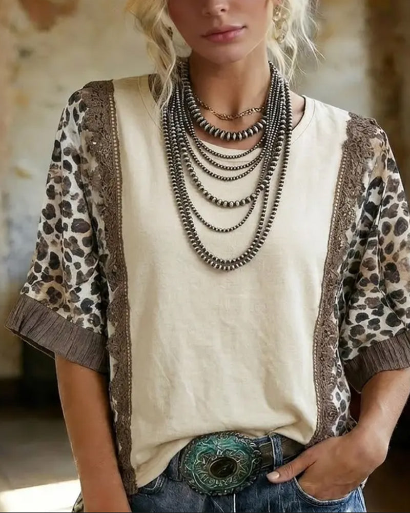 T-Shirt Léopard Patchwork Dentelle