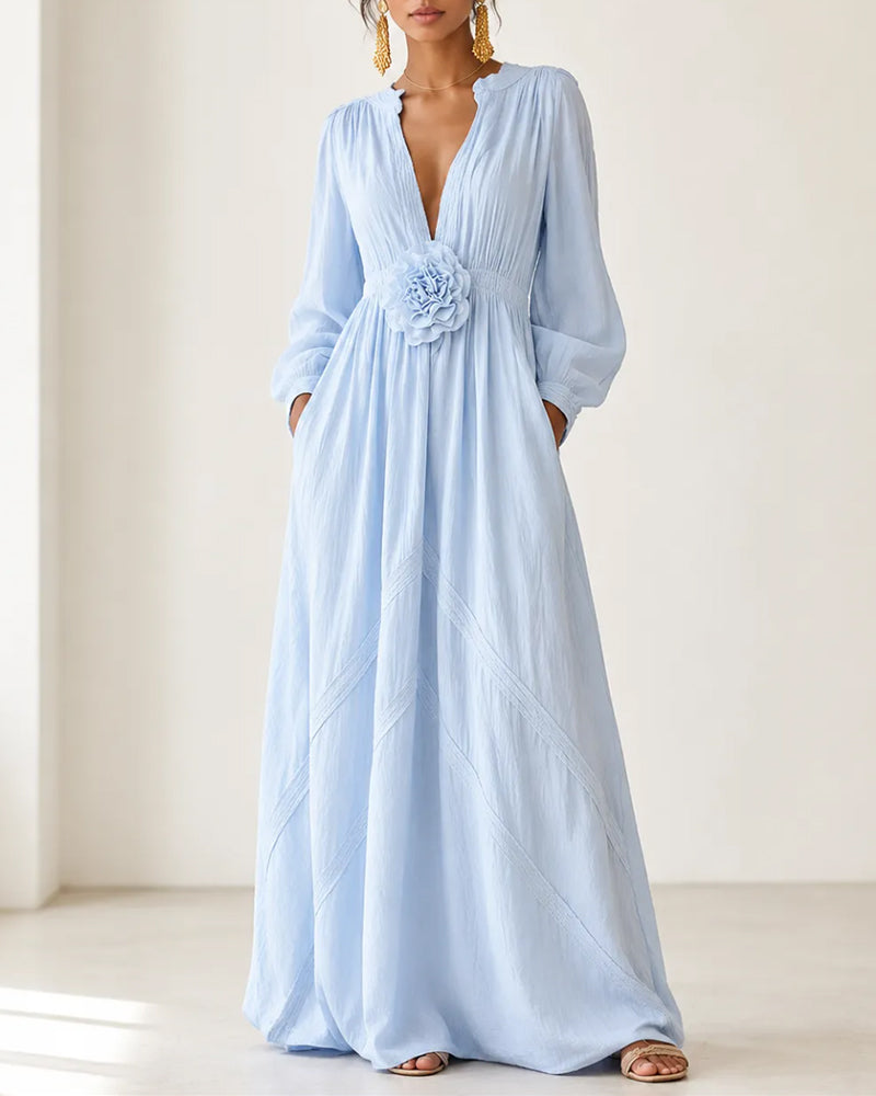 Robe Col En V 3D Fleuri Unie Jupe Ample